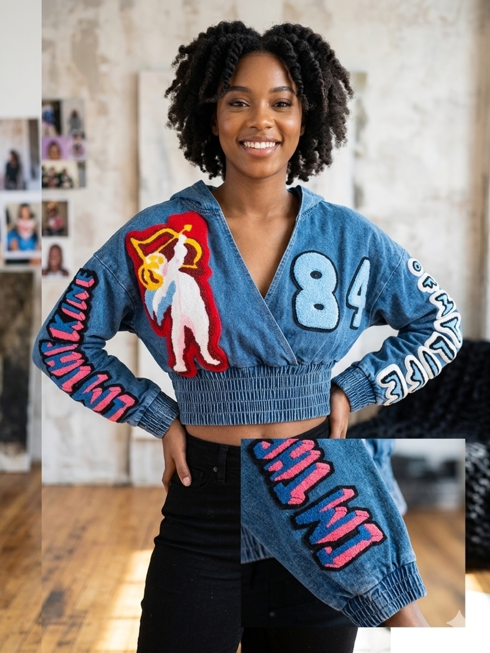 AKIRA Cropped Denim Hoodie with Multicolor Chenille Patches - Blue, Red, Pink